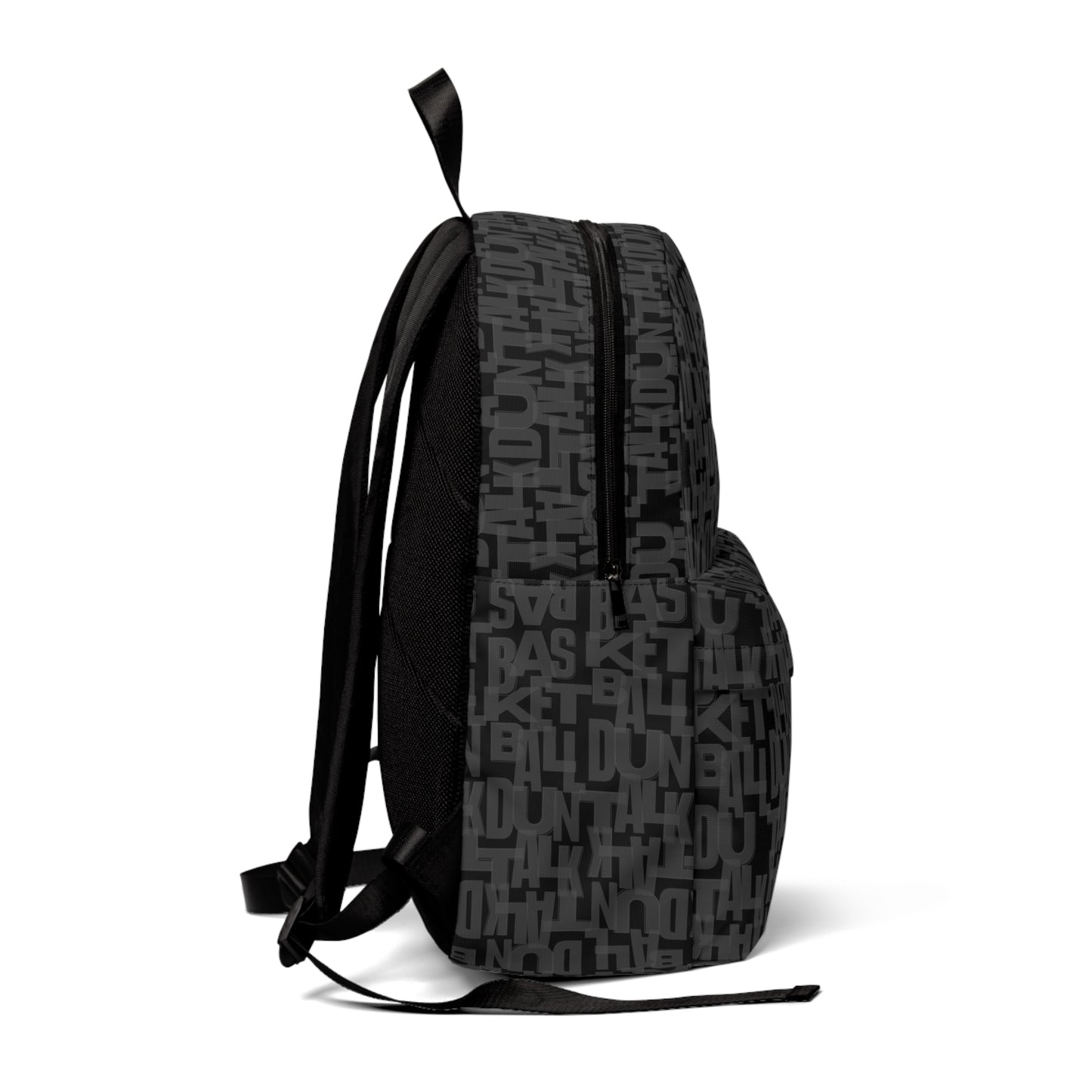 Black backpack with gray print in words "Basketball" and "Duntalk" with large and small pocket