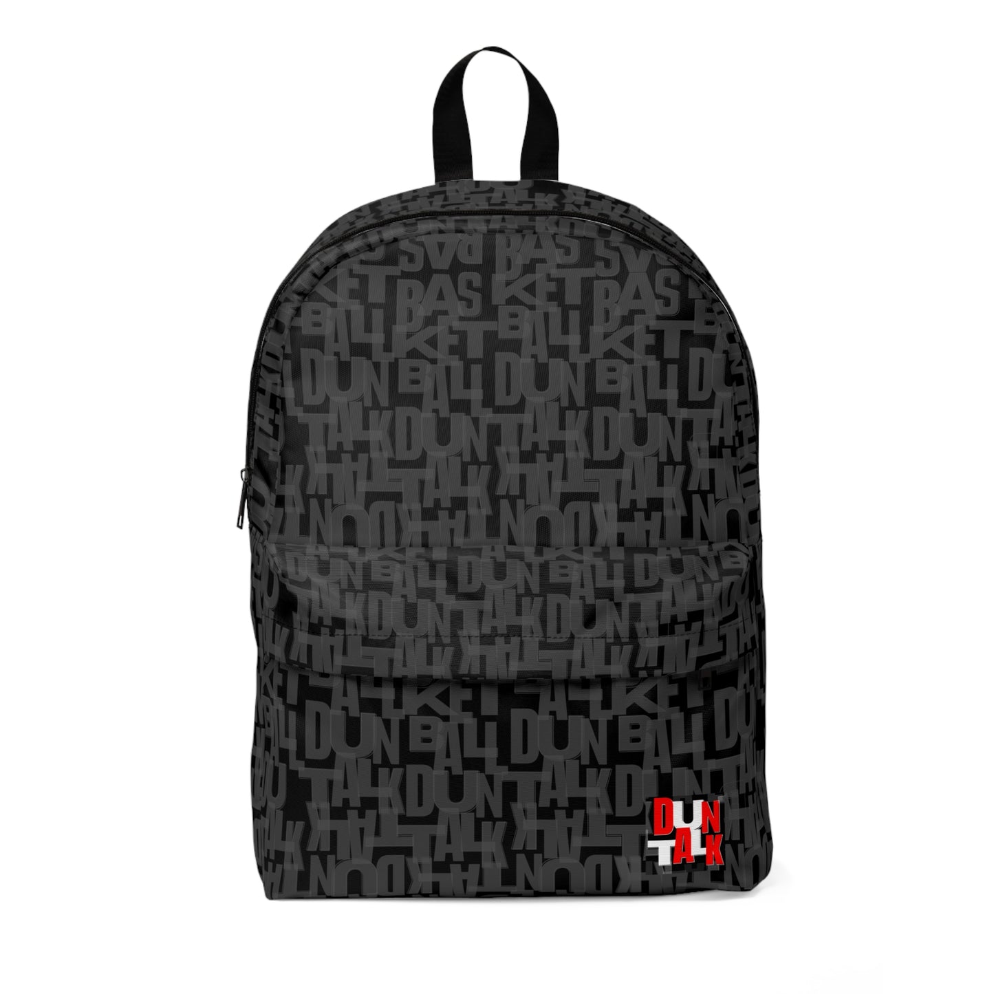 Black backpack with gray print in words "Basketball" and "Duntalk" with large and small pocket