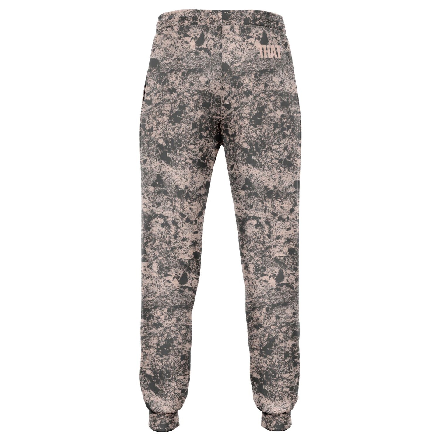 Pink joggers with dark gray mud print, pockets, and a string for waist.