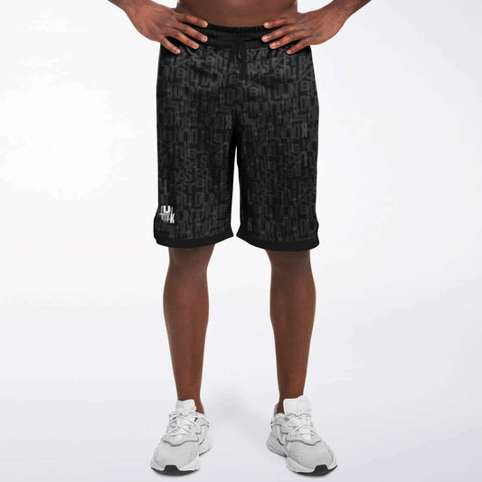 Black basketball shorts in gray print writing saying "Basketball" and "Duntalk" with pockets and waist string