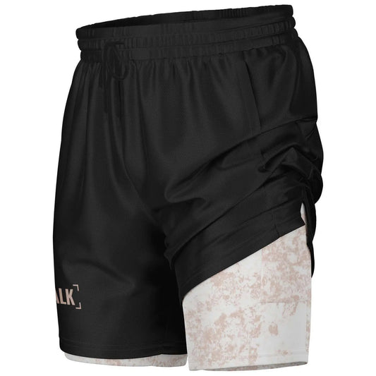 Black basketball shorts with compression lining in white and pink mud print design