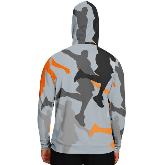 Back of white hoodie. Black, orange and grey dunking silhouettes printed on the hoodie.