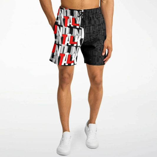 Shorts with two patterns. The left side is black with Duntalk and Basketball printed in grey. The right side is black with duntalk in white and red writing. With pockets and a waistband