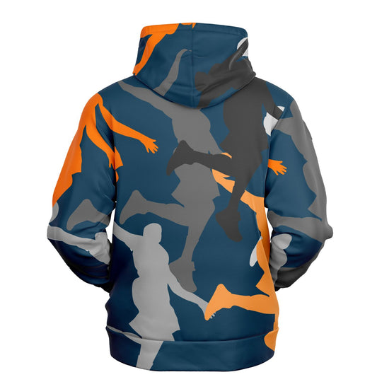 Back of blue hoodie. Black, orange and grey dunking silhouettes printed on the hoodie.