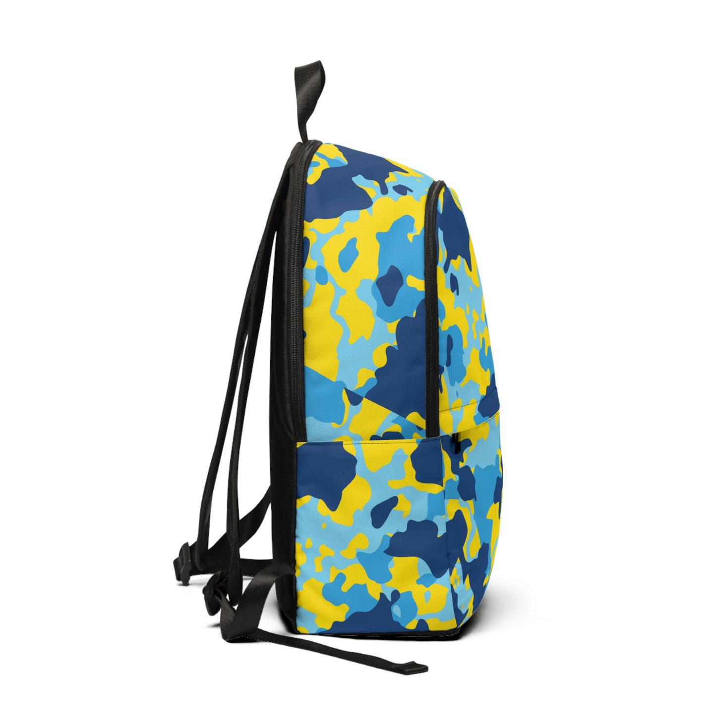 Camouflage backpack in yellow, dark blue, blue, and light blue with large pocket and "Duntalk" written in black on the bottom left of the small pocket. Black covering the backside where the straps are.
