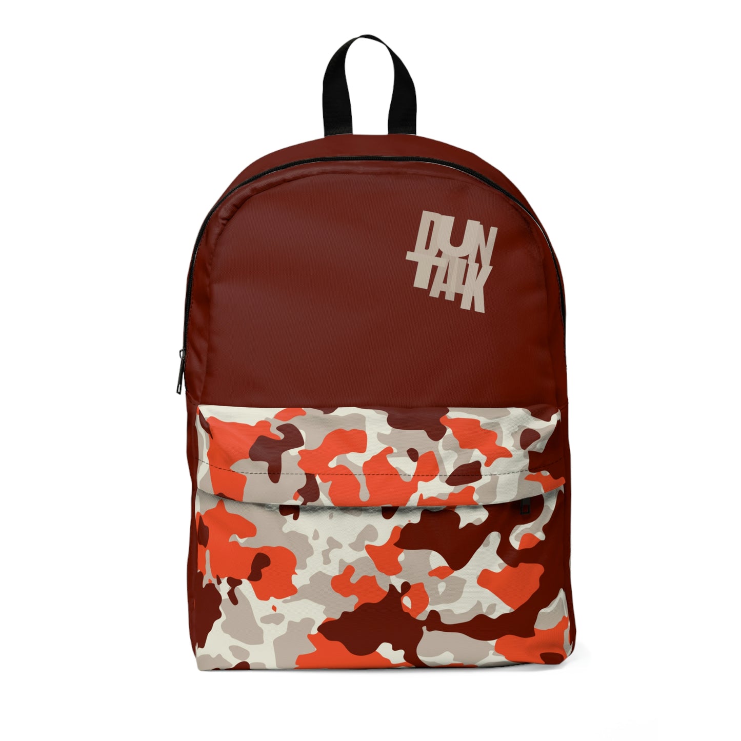 Brown backpack with "Duntalk" print written in gray on the large pocket. Camouflage in orange, brown, gray, and white on the smaller pocket.