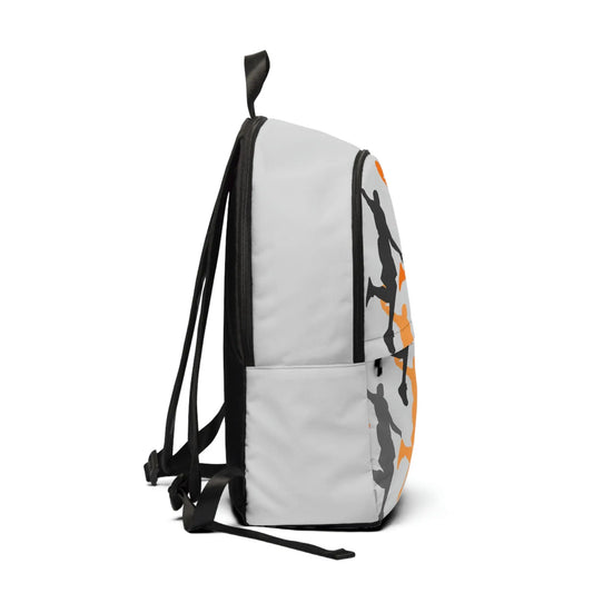 Side profile of white backpack with grey and orange silohuettes printed all over the front. Black zipper and seem for the large pocket. Smaller pocket on the front with black hidden zipper. Black carrying handle