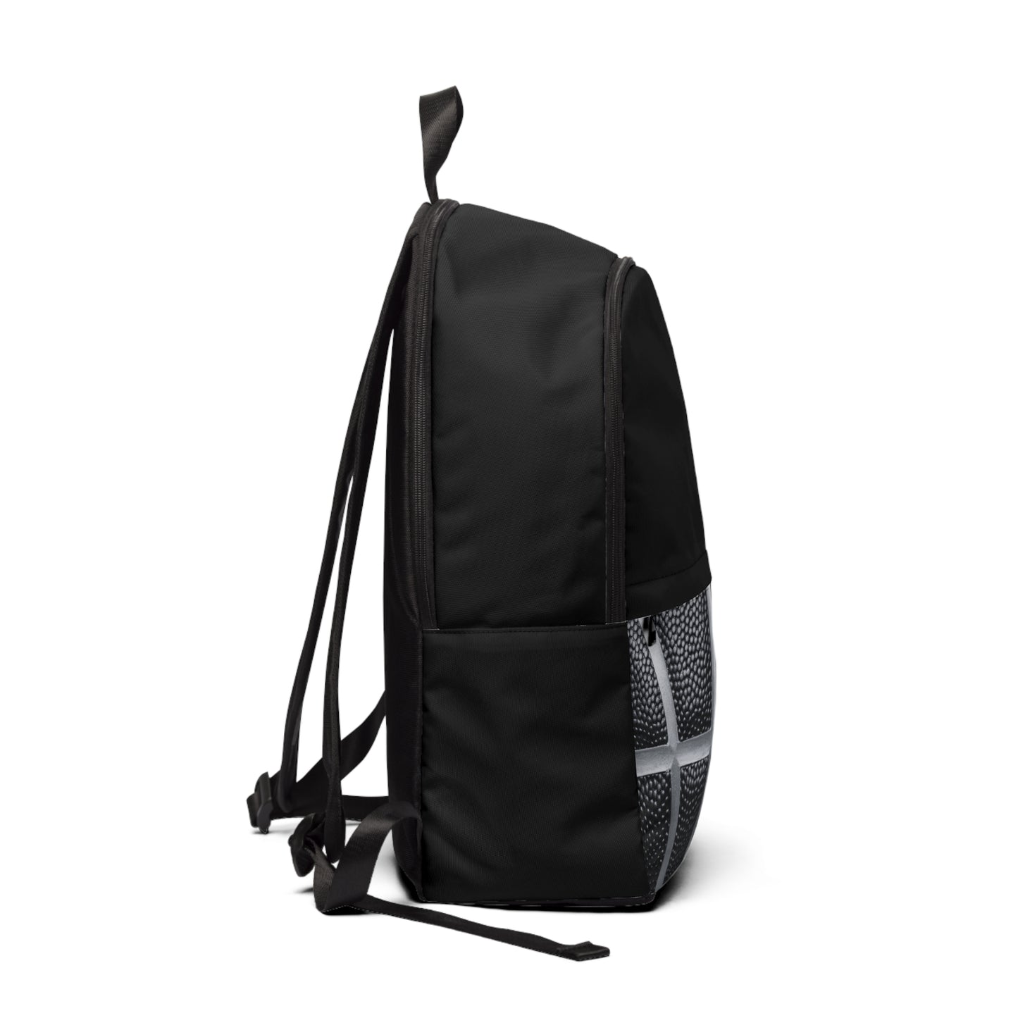 Black backpack with large pocket and small pocket that has a gray basketball design on only the lower half of the bag.