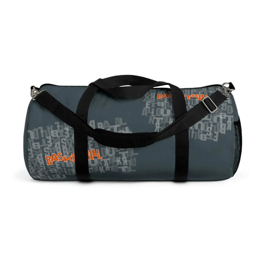 Grey-blue duffle bag with "Basketball" written in patches around the bag. In the center of these patches, "basketball" is written in orange once. Two hand straps and an adjustable arm strap. Net pocket on the side.
