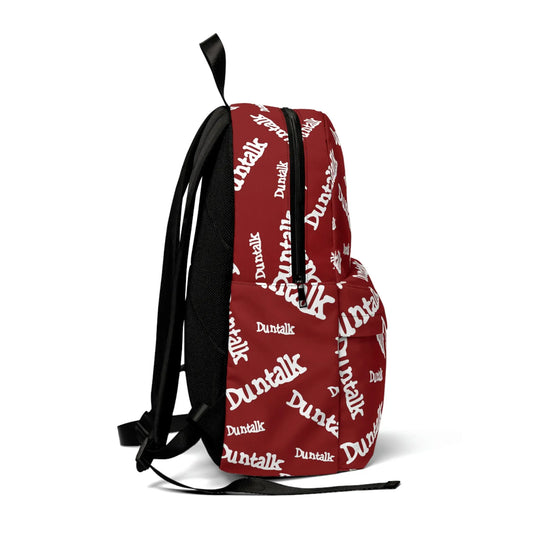 Red backpack in white print writing saying "Duntalk" with large and small pocket