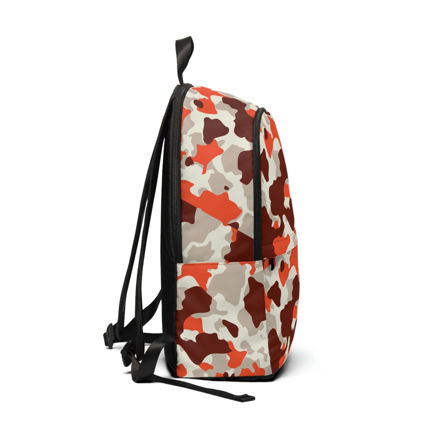 Camouflage backpack with orange, gray, white and brown colours all over. Large pocket and "Duntalk" written in black on the bottom left side of the small pocket. Black covering the backside where the straps are.