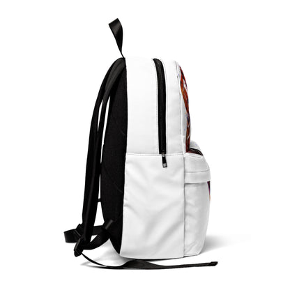 White backpack all around with a design on the front and a black back side where the straps are