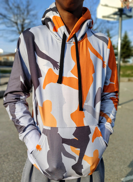 White hoodie with black drawstrings. Black, orange and grey dunking silhouettes printed on the hoodie.