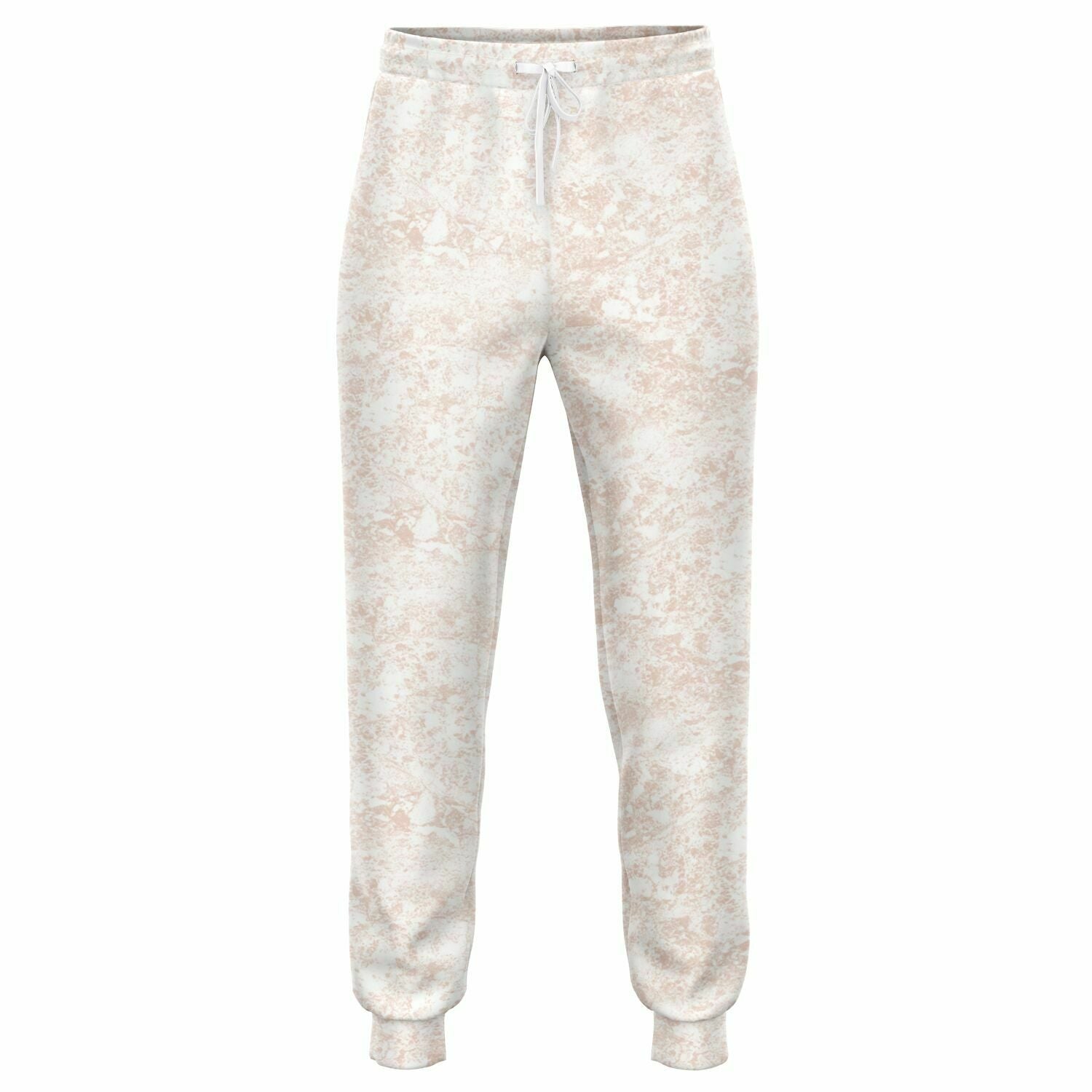 White joggers with pink mud print, pockets, and string for waist.