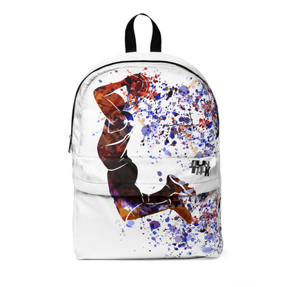 White backpack with basketball figure in different shades of brown and black following multiple colours that look like splash prints on the left side of the bag