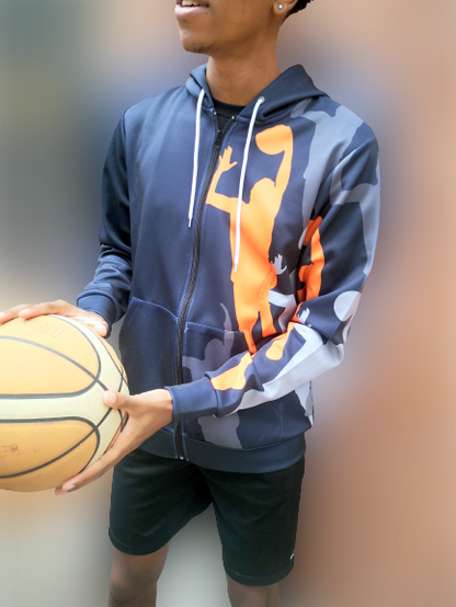 "Body A Man" Zip-Up Basketball Hoodie Jacket - Blue