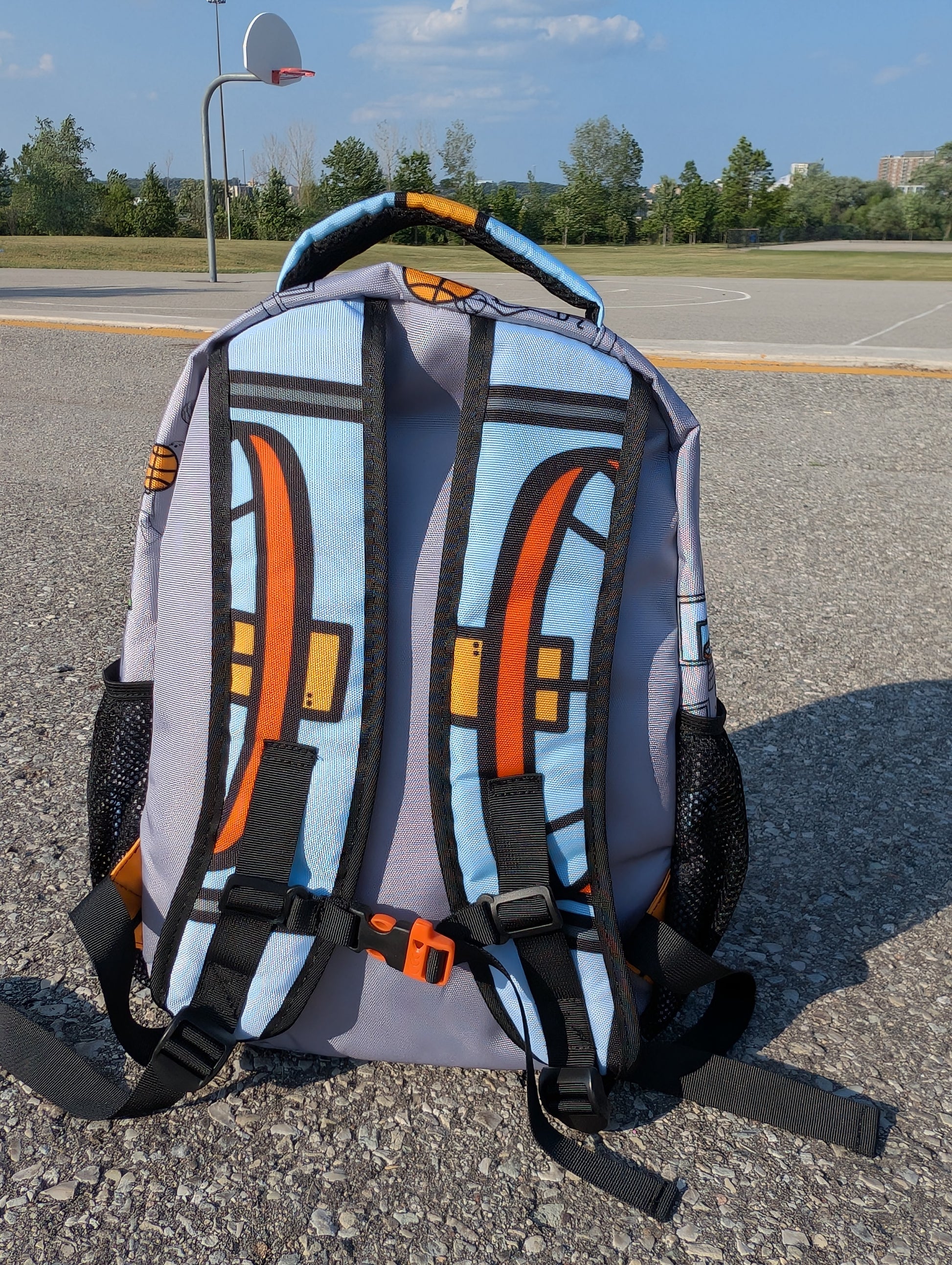 Backpack with colorful design on a street
