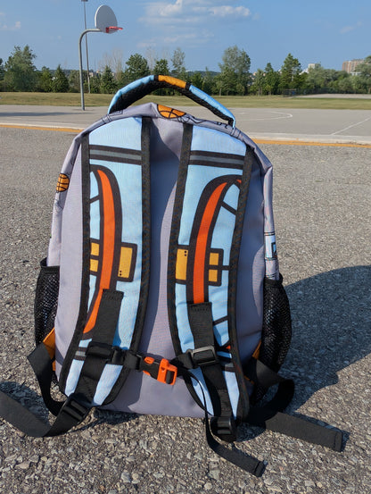 Backpack with colorful design on a street