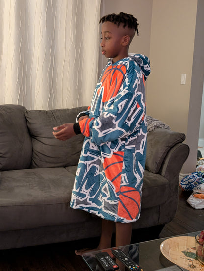 Youth Hoodie Blanket - Hoops Blue