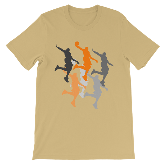 Tan short sleeve t-shirt with orange, grey, black and white dunking silhouettes printed in the center. 