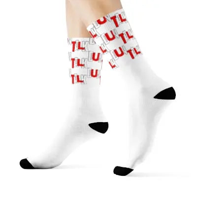 White socks with "Duntalk" print written in white and red from the top to the middle
