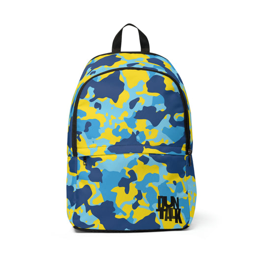 Camouflage backpack in yellow, dark blue, blue, and light blue with large pocket and "Duntalk" written in black on the bottom left of the small pocket.