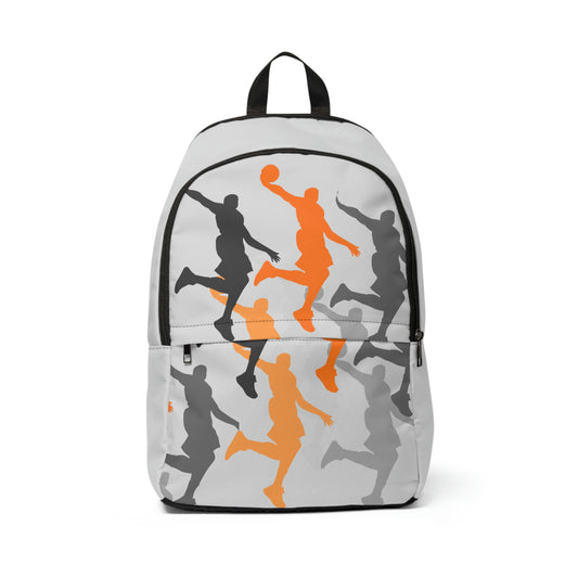 White backpack with grey and orange silohuettes printed all over the front. Black zipper and seem for the large pocket. Smaller pocket on the front with black hidden zipper. Black carrying handle