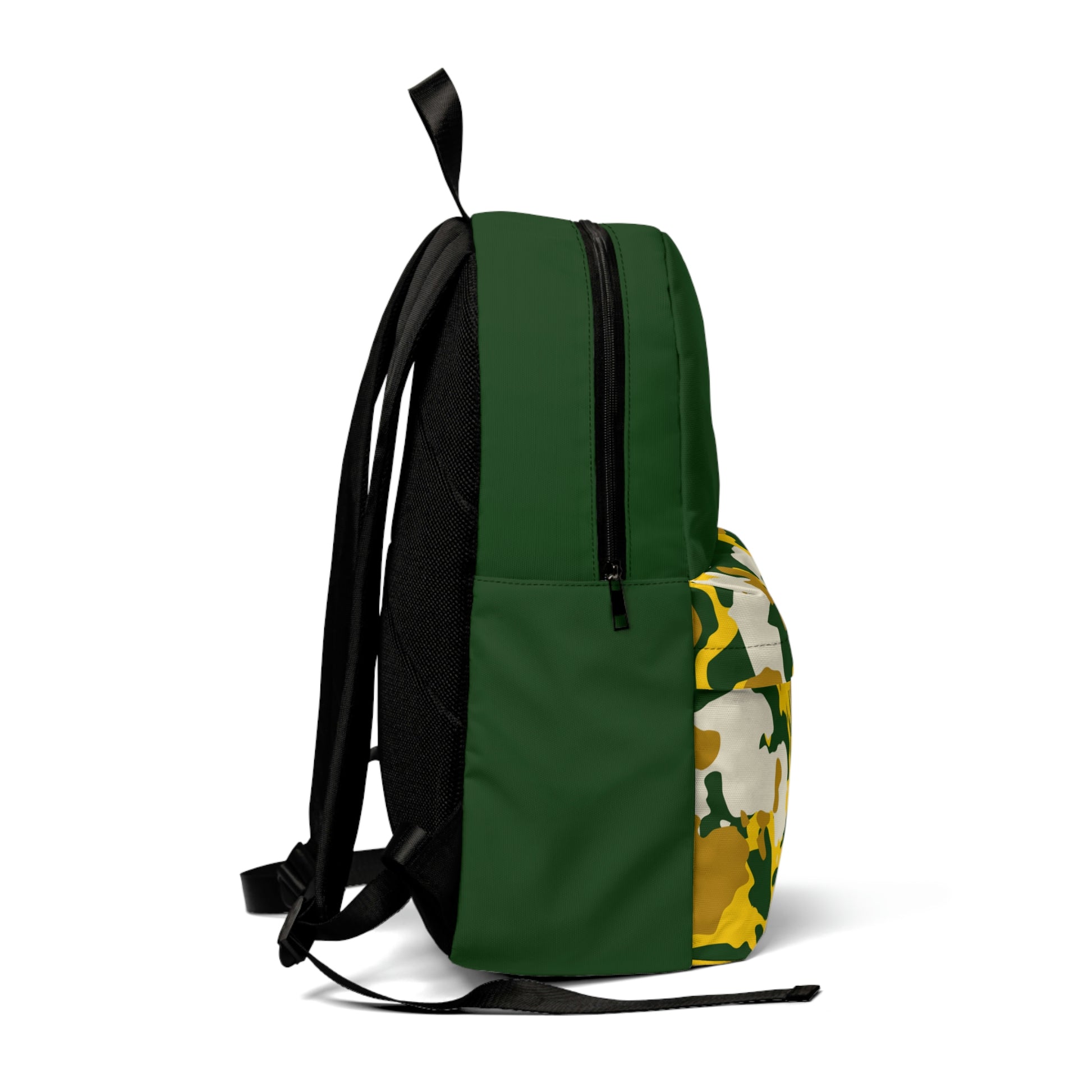 Green Backpack with yellow "Duntalk" print in the top left corner of the large pocket. Camouflage of white, yellow, green, and dark yellow on the small pocket only. Black backside where the straps are