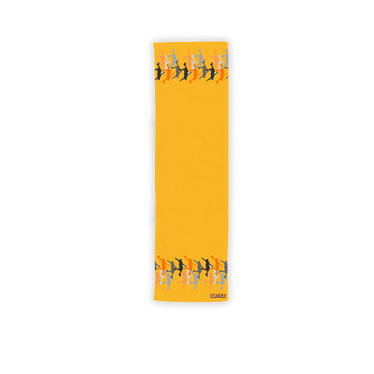 Yellow towel with grey, orange and white silhouettes printed in a row on the top and bottom. Orange "Duntalk" written on the bottom.