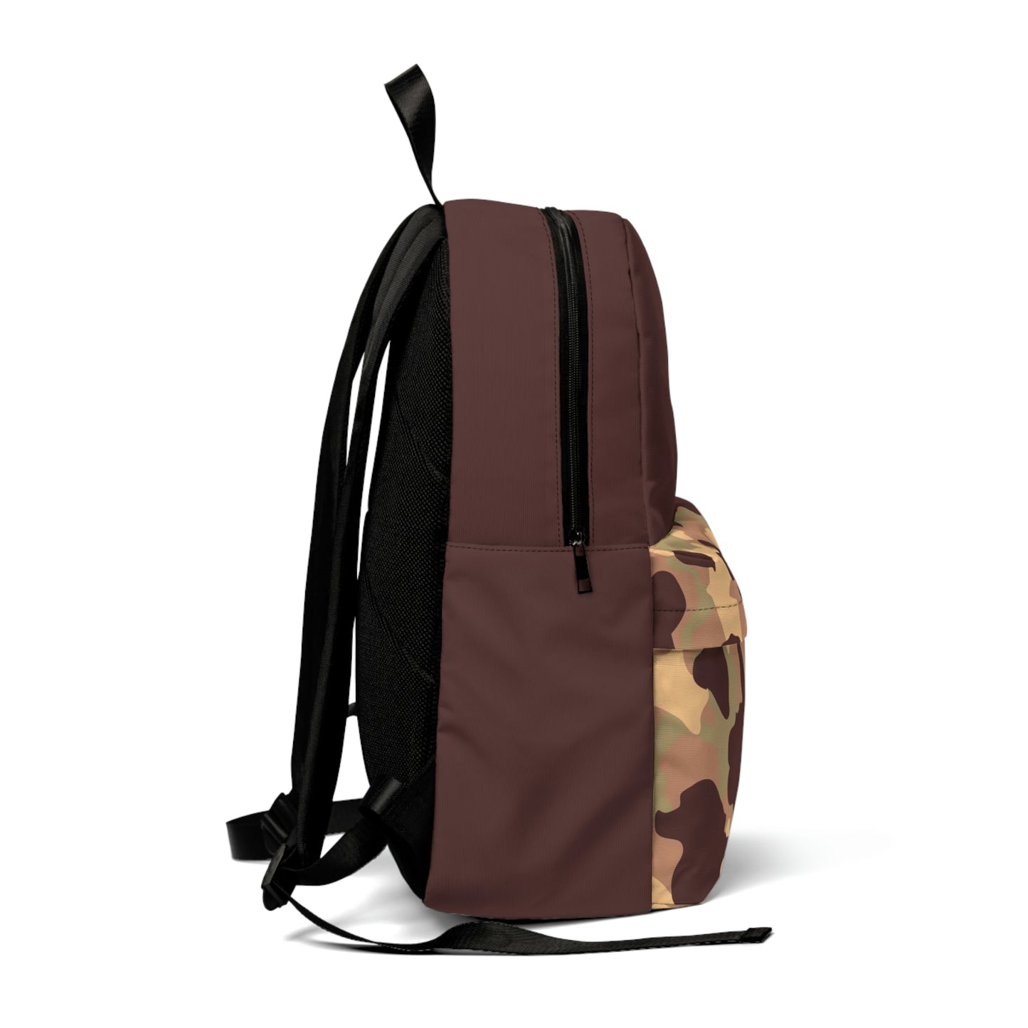 Dark brown backpack with "Duntalk" print written in light brown on the large pocket. Camouflage in green, brown, light brown, and nude on the smaller pocket. Black covering the backside where the straps are.