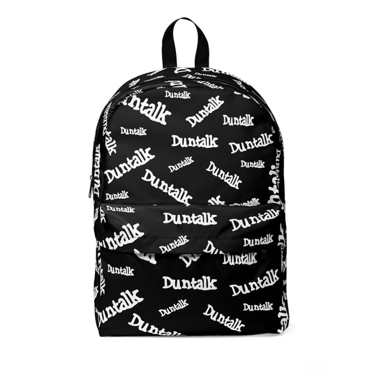 Black backpack with white writing saying "Duntalk", large pocket and small pocket in the front