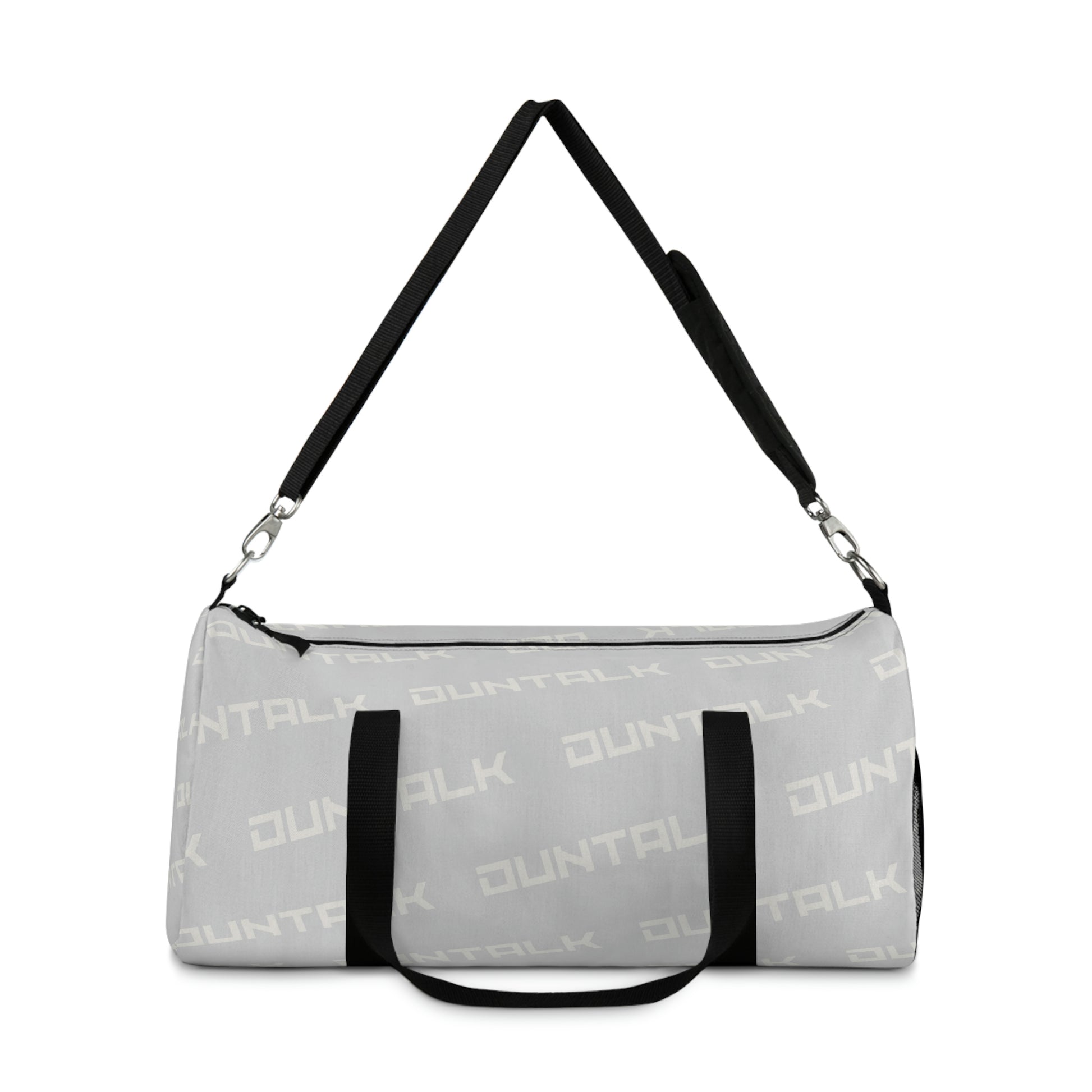Grey duffle bag with two hand straps and an adjustable arm strap. "Duntalk" repeatedly written on the side in white lettering. Net pocket on the side.