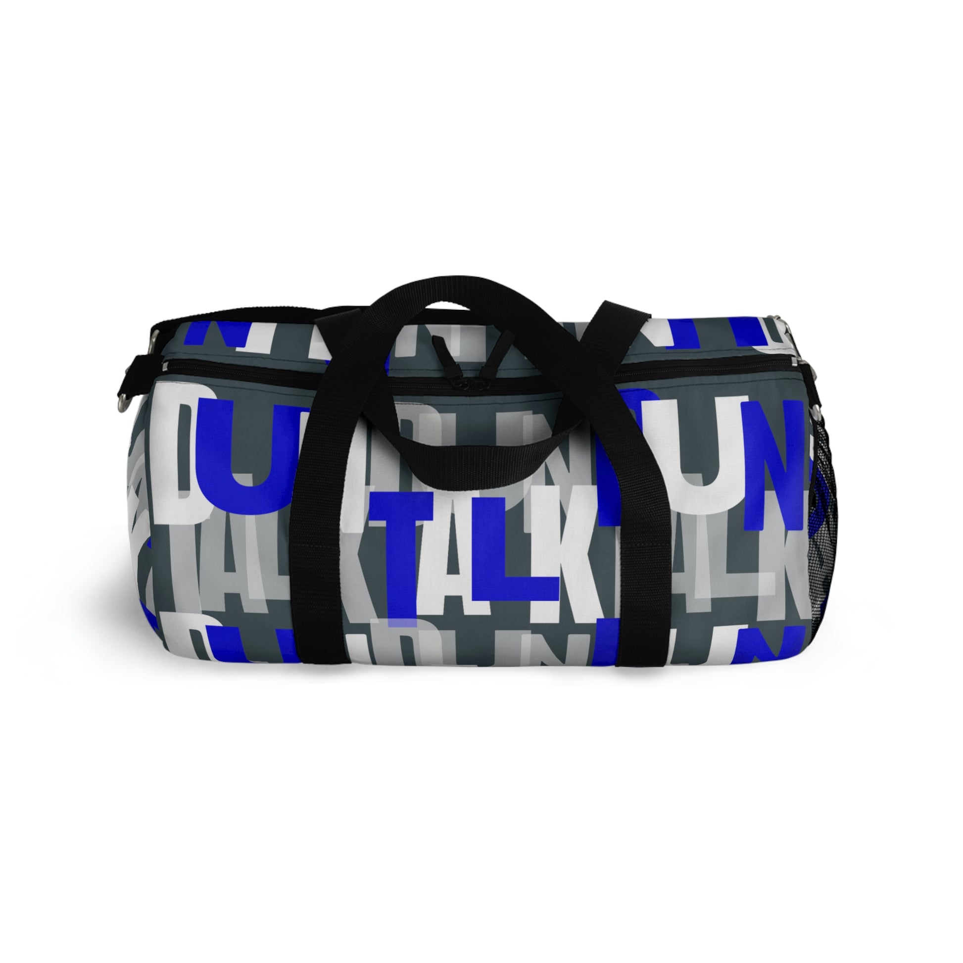 Gray duffle bag with two hand straps and adjustable arm strap with "Duntalk" print written in blue, white, and gray. Net pocket on the side