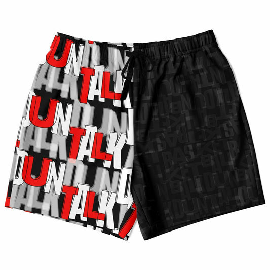 Shorts with two patterns. The left side is black with Duntalk and Basketball printed in grey. The right side is black with duntalk in white and red writing. With pockets and a waistband