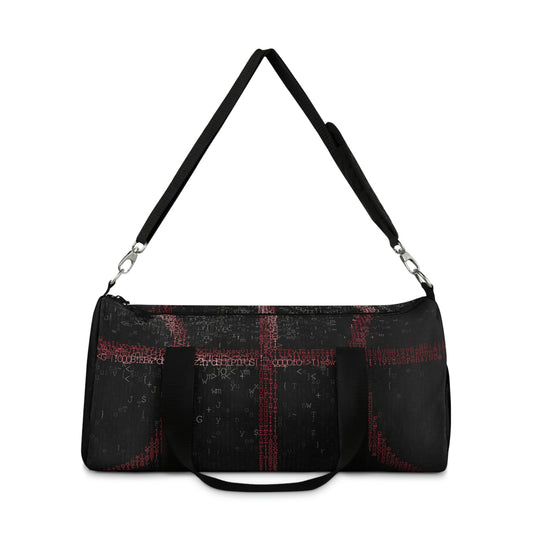 Black duffle bag with red lettering in the shape of basketball stitching. White letters scattered around the bag. Two hand straps and an adjustable arm strap. Net pocket on the side.