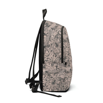 Pink backpack in dark gray mud print with side pockets