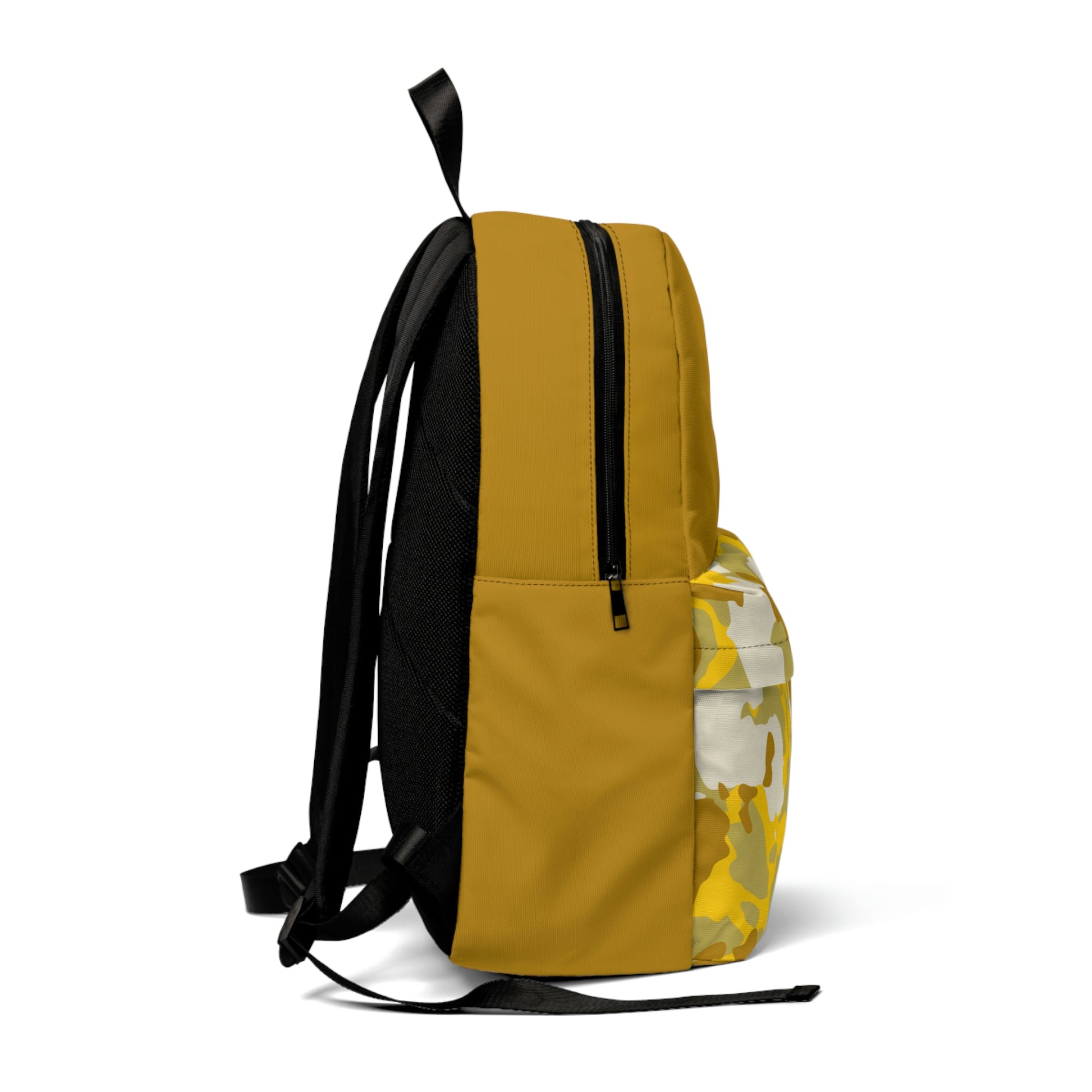 Dark yellow backpack with white "Duntalk" text on the top left side of the large pocket. Camouflage print in yellow, white and dark yellow on only the small pocket