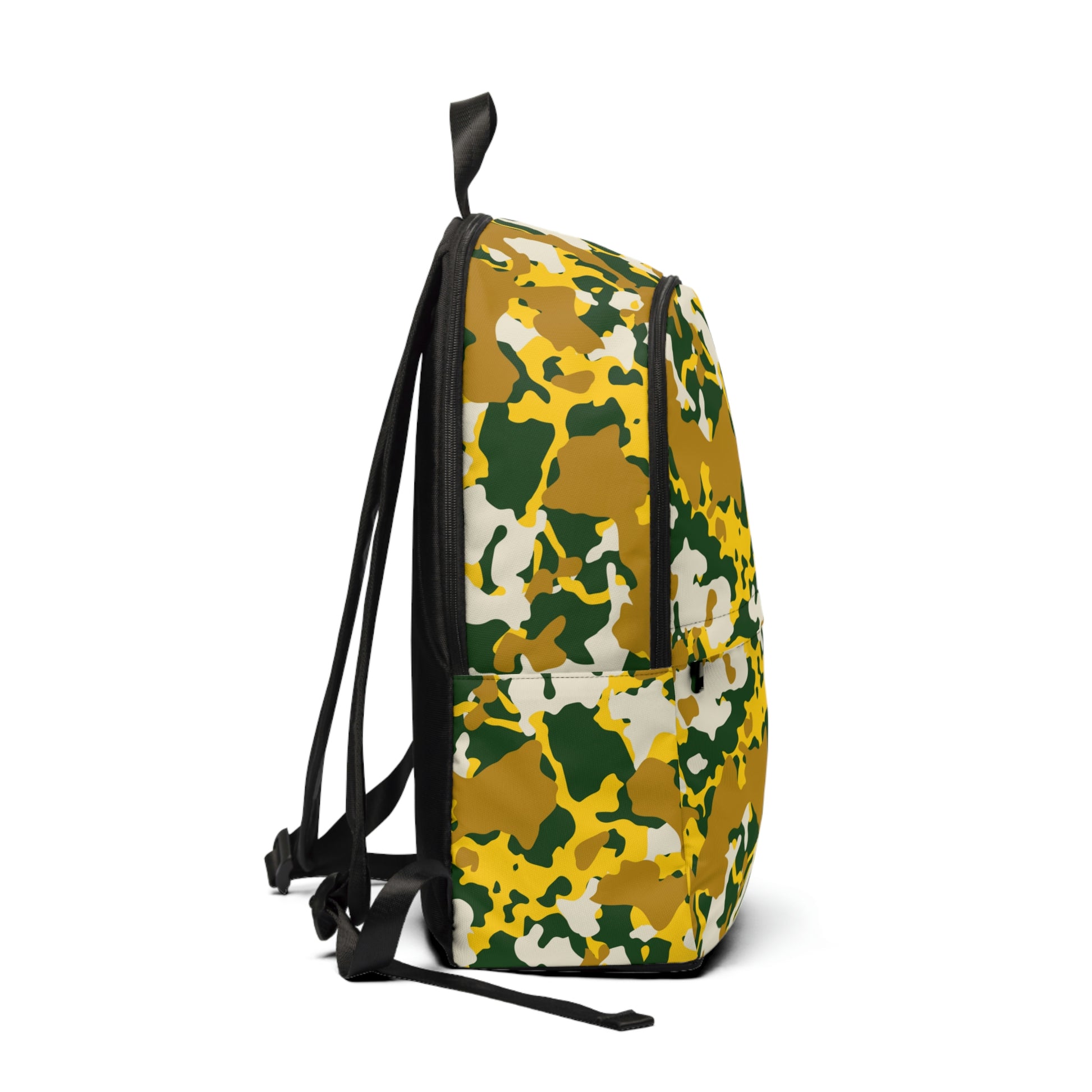 Camouflage backpack in white, green, yellow and dark yellow print with large and small pocket. Black on the backside where straps are