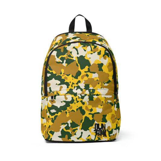 Camouflage backpack in white, green, yellow and dark yellow print with large and small pocket