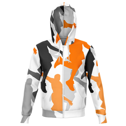White zipper hoodie with white drawstrings and two pockets. Black, orange and grey dunking silhouettes printed on the hoodie. 