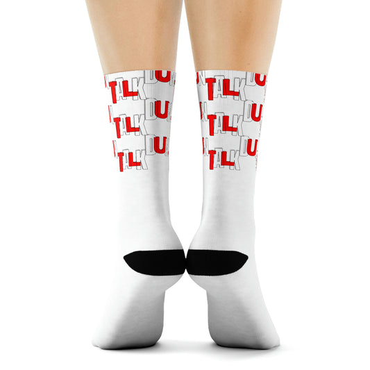 White socks with "Duntalk" print written in white and red from the top to the middle