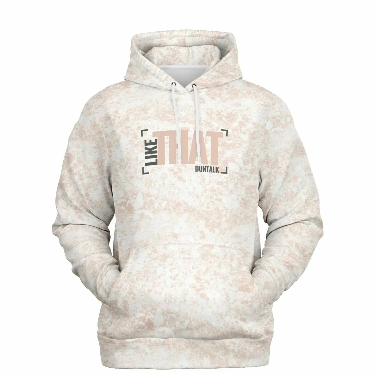 White hoodie in pink mud print with front pocket and words saying 
