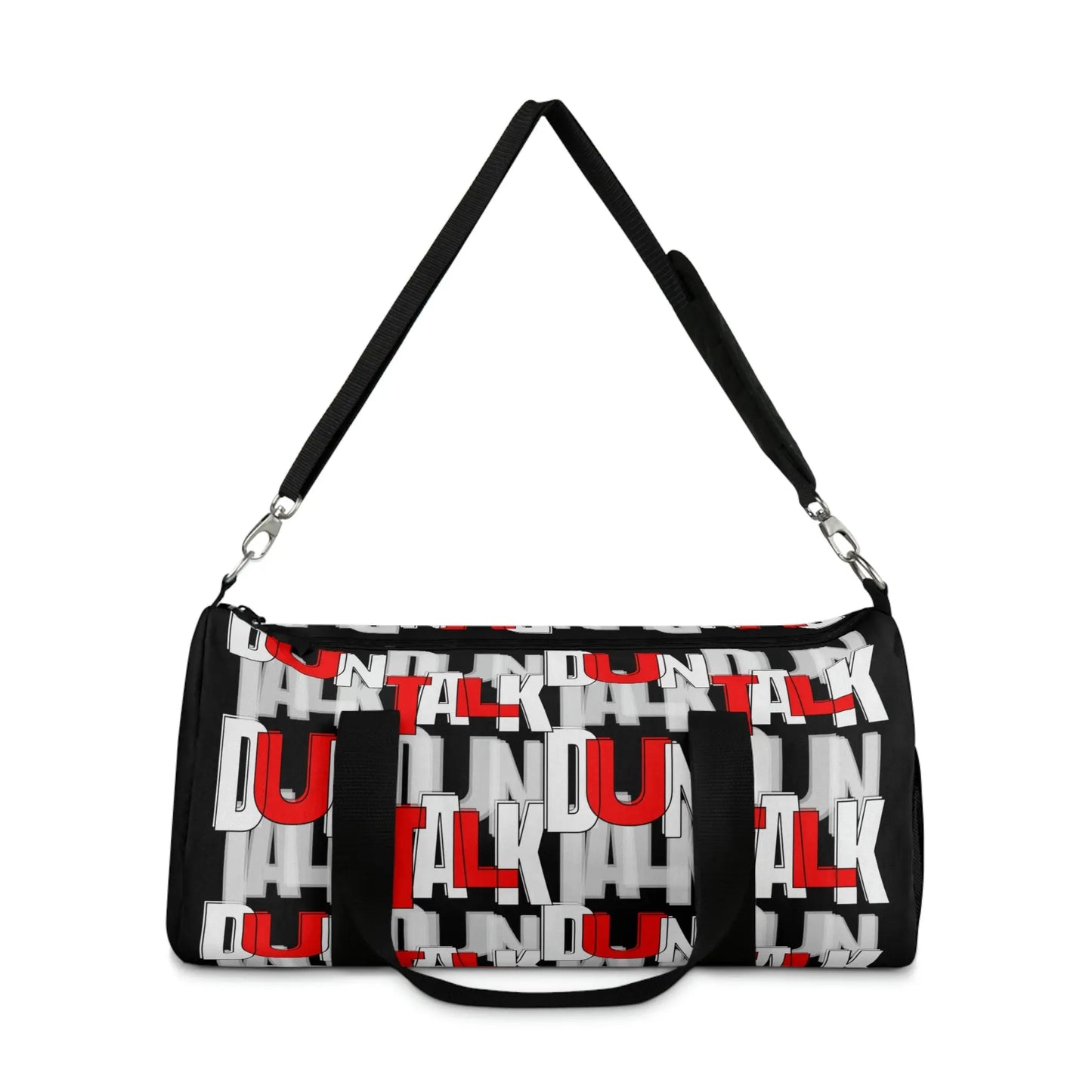 Black duffle bag with two hand straps and an adjustable arm strap. "Duntalk" repeatedly written on the side in white, grey and red lettering. Net pocket on the side. 