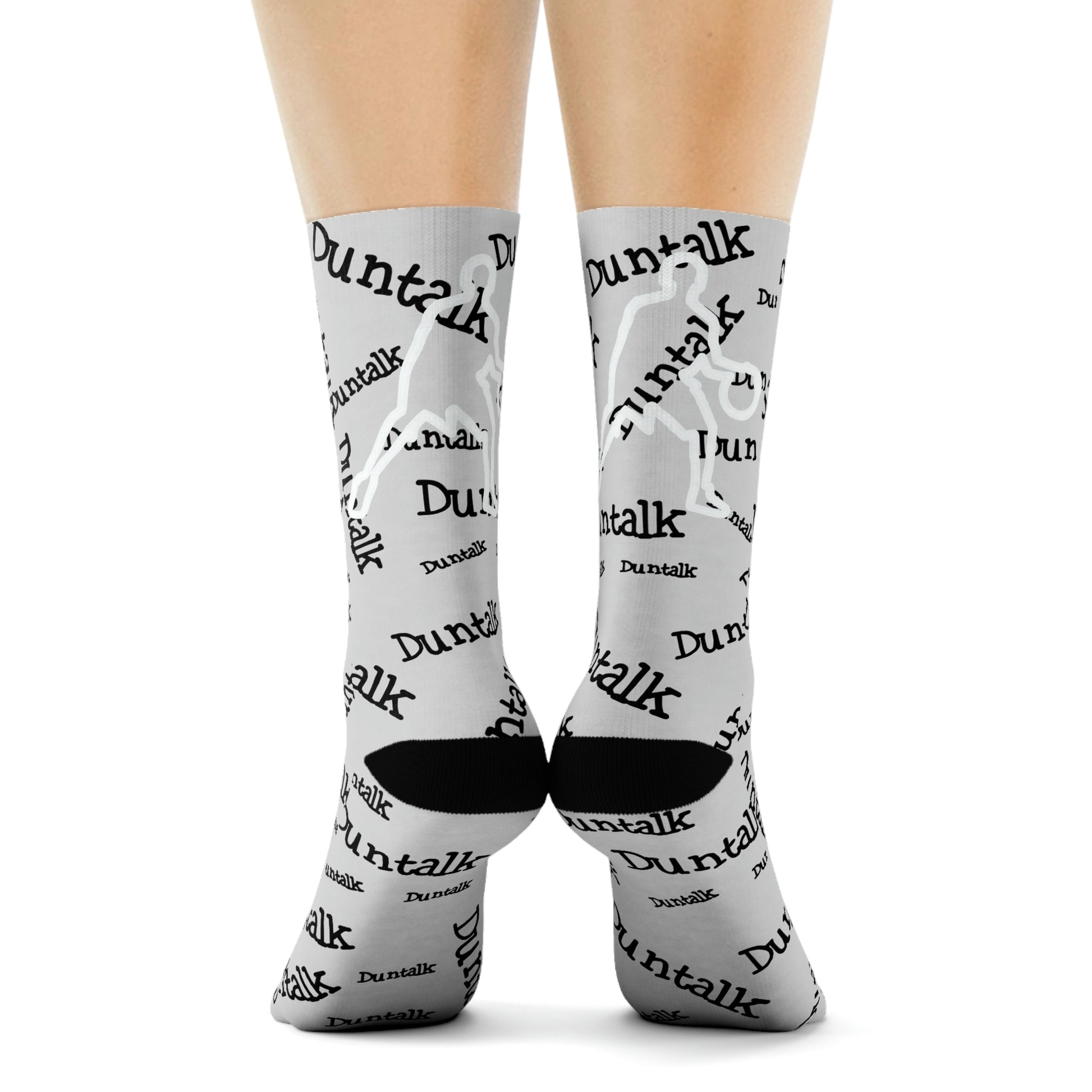 Gray socks with "Duntalk" print written in black with white outline basketball figure on the back of each sock.