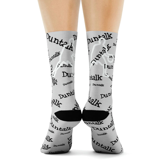 Gray socks with "Duntalk" print written in black with white outline basketball figure on the back of each sock.
