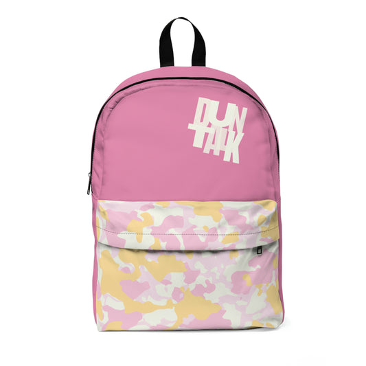 Pink backpack with white "Duntalk" print written on the top left side of the large pocket. Camouflage with pink, white, yellow, and light pink on the small pocket.