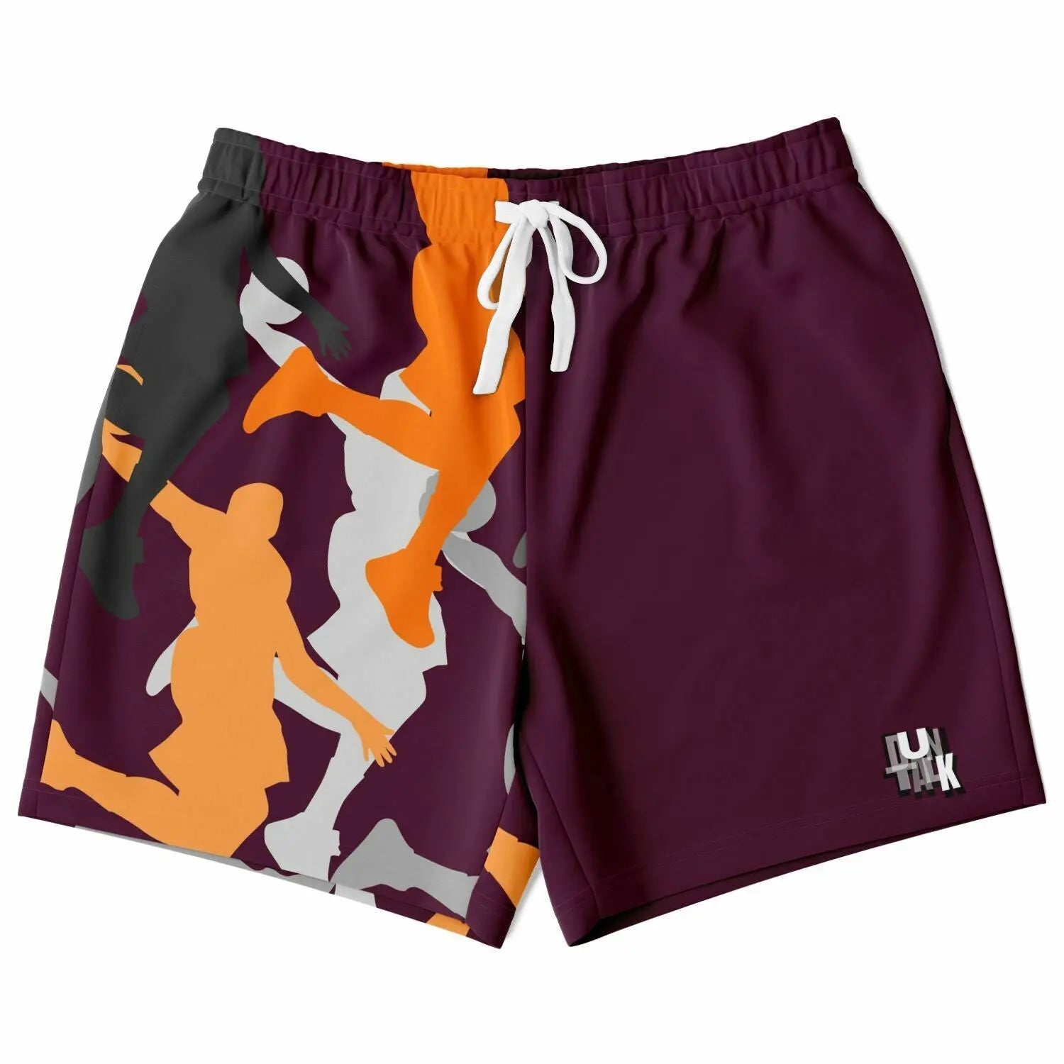 Maroon basketball shorts with pockets and a white drawstring. Orange, black and white dunking silhouettes on the right leg. "Duntalk" printed on the bottom of the left leg. 