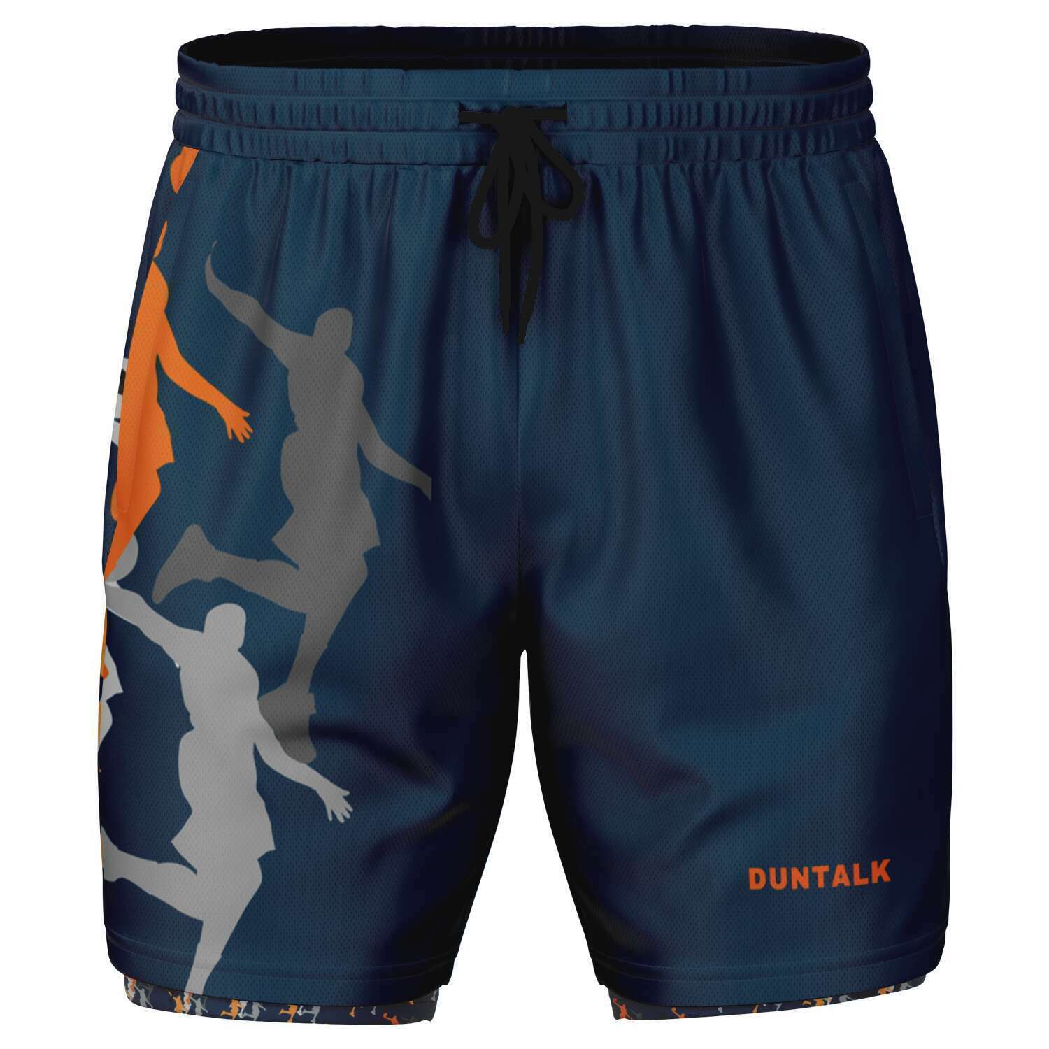 Navy blue basketball training shorts with pockets. Grey and orange dunking silhouette printed on the right leg. Compression layer underneath with orange, white and grey dunking silhouettes printed on it. Black drawstring and black inside. 