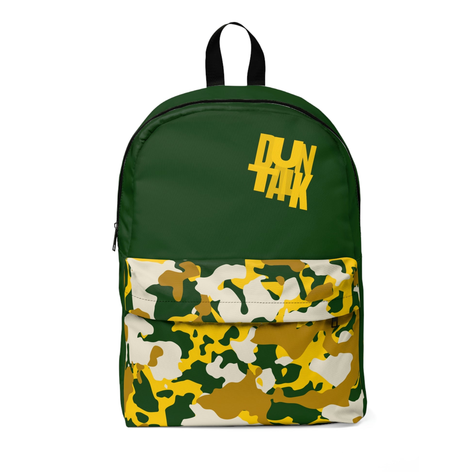 Green Backpack with yellow "Duntalk" print in the top left corner of the large pocket. Camouflage of white, yellow, green, and dark yellow on the small pocket only.