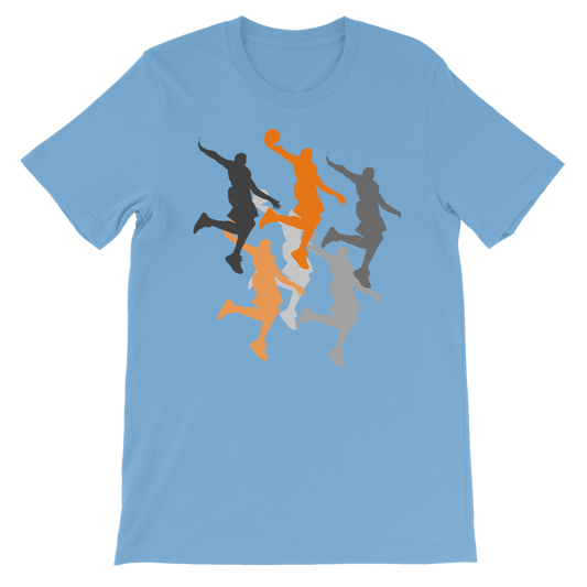 Light Blue short sleeve t-shirt with orange, grey, and white dunking silhouettes printed in the center.